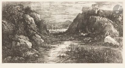 Rodolphe BRESDIN (1822-1885) La Cité lointaine. 1868. Report lithographique de l’eau-forte....