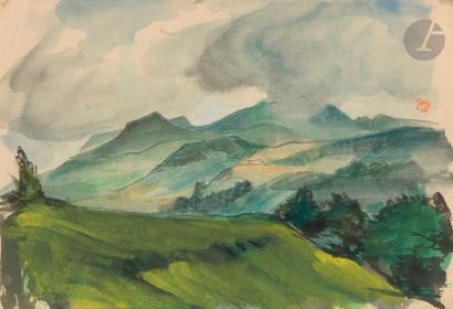 Jules CHADEL (1870-1941) La Chaîne des puys. Dessin à l’aquarelle, plume et encre...