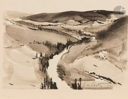 Germaine de Coster (1895-1992) L’Aveyron. Bois gravé. 278 x 178. Impression à l’eau...