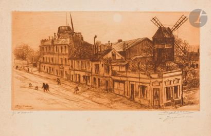 Eugène DELATRE (1864-1938) Montmartre disparaît : les deux moulins. 1914. Eau-forte....