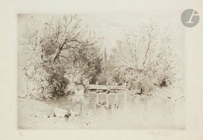 Eugène DELATRE (1864-1938) Bords du Vicdessos, Ariège. 1929. Pointe sèche. 240 x 170....