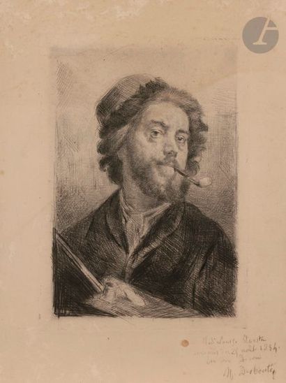 Marcellin DESBOUTIN (1823-1902) Autoportrait à la palette. 1884-1885. Pointe sèche...