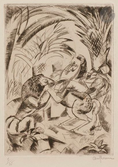 Charles DUFRESNE (1876-1938) Cavalier attaqué par un lion. Vers 1919. Eau-forte et...