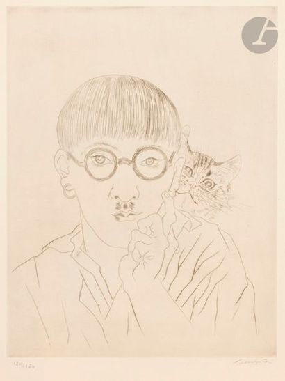 Léonard-Tsuguharu FOUJITA (1886-1968) Autoportrait, le chat sur l’épaule. 1927. Pointe...