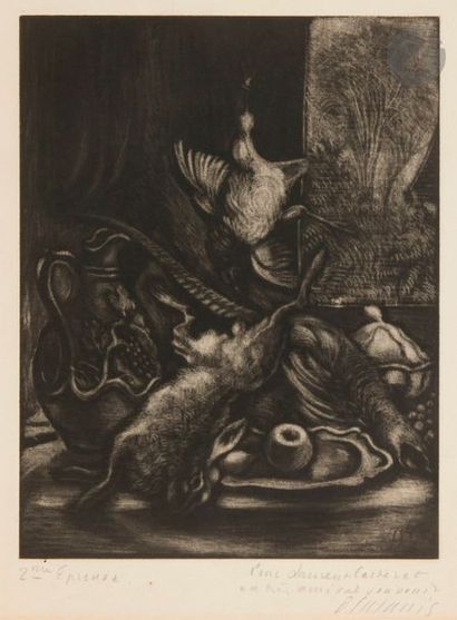 Demetrios GALANIS (1879-1966) Nature morte au gibier. Manière noire. 178 x 232. Belle...