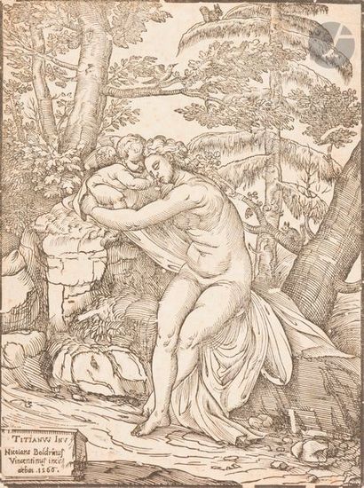 Niccolò Boldrini (1540-1566) Vénus et l’Amour. 1566. Bois gravé d’après Titien. 231 x 315....