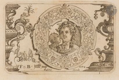 Friedrich Brentel Ornement horizontal avec Bacchus dans un médaillon. 1596. Burin....
