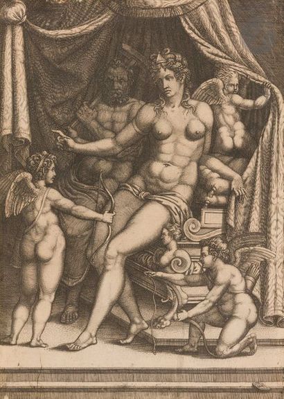 Giorgio GHISI (1520-1582) Vénus assise sur un lit près de Vulcain. Vers 1555. Burin...
