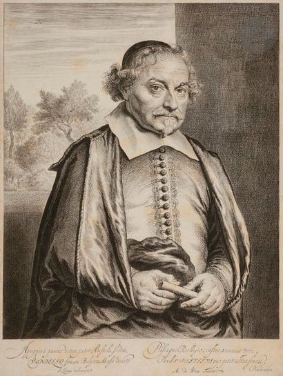 Jan Lievens (1607-1674) Portrait du poète Joost van den Vondel. Eau-forte. 250 x 325....