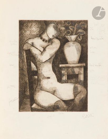 Marcel GROMAIRE (1892-1971) Nu au vase de fleurs. 1930. Eau-forte. 178 x 235. Gromaire...