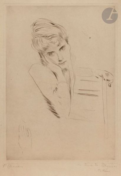 Paul-César HELLEU (1859-1927) Jeune femme pensive, main à la joue. Pointe sèche....