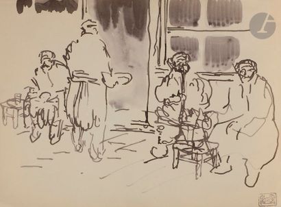 Jean-Emile LABOUREUR (1877-1943) Café turc. Vers 1909-1910. Dessin au pinceau, à...