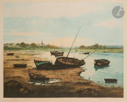 Alphonse Lafitte (1883- ?) Marée basse en Bretagne. Aquatinte. 595 x 350. Impression...
