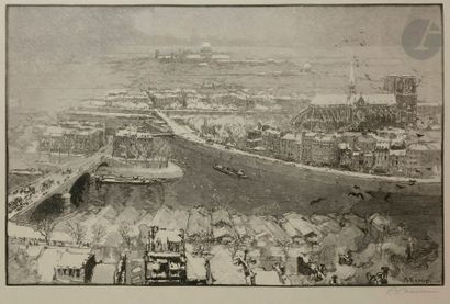 AUGUSTE LEPERE (1849-1918) Paris sous la neige, vu du haut de Saint-Gervais. (Pl....