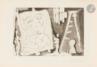 Pablo Picasso (1881-1973) Peintre et modèle devant une peinture. 12 mars 1965. Pointe...