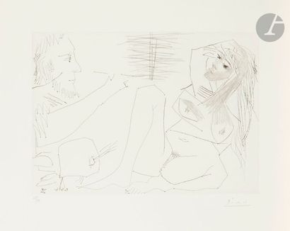 Pablo Picasso (1881-1973) Modèle, les mains croisées sur la tête, avec un peintre....
