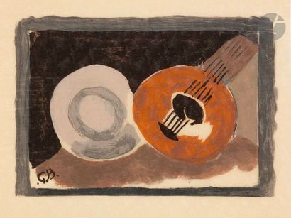 Georges BRAQUE (1882-1963) Nature morte au banjo. Carte de vœux pour A. Maeght. Lithographie....