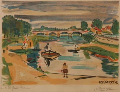 François DESNOYER (1894-1972) Vue d’un fleuve. Vers 1960. Lithographie. 350 x 260....
