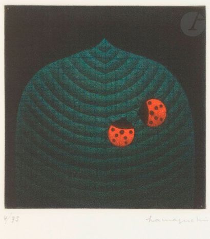Yozo HAMAGUCHI (1909-2000) Deux coccinelles. Manière noire. 95 x 95. Impression en...