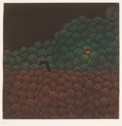Yozo HAMAGUCHI (1909-2000) Une coccinelle sur une grappe de raisins. Manière noire....