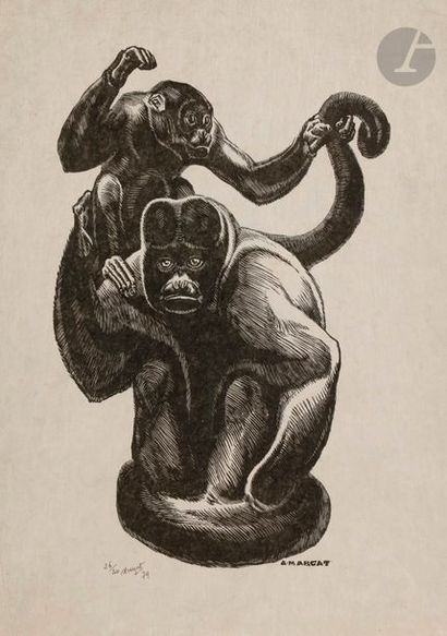 André MARGAT (1903-1999) Femelle orang-outan et son petit. 1979. Gravure sur bois....