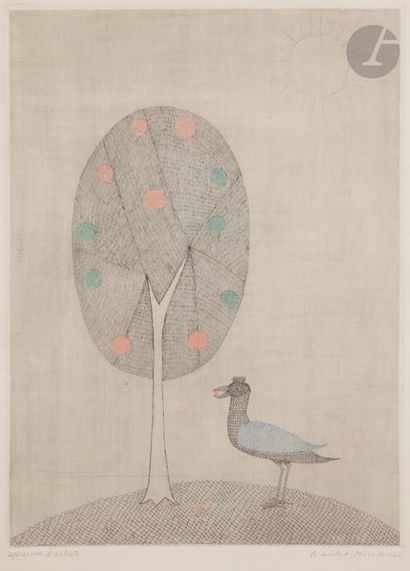 Keiko Minami (1911-2004) Arbre et oiseau. Vers 1975. Eau-forte. 288 x 395. Impression...