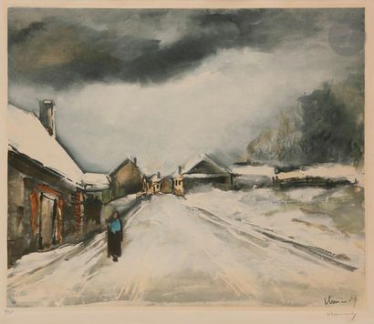 MAURICE DE VLAMINCK (1876-1958) (D’APRÈS) Rue de village sous la neige avec figure....