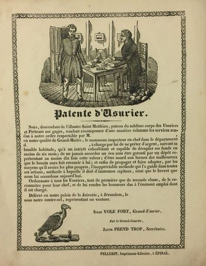 null [ANTISÉMITISME] 
Patente d’usurier. Épinal, Pellerin, s.d. (entre 1840 et 1880)....