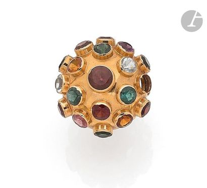 null Bague boule en or 18K (750), sertie de pierres de couleurs variées (aigues-marines,...