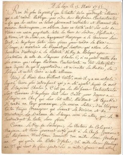 null NOUVELLES À LA MAIN. Copie manuscrite de 2 lettres, mars 1745 ; 4 pages in-4.
La...