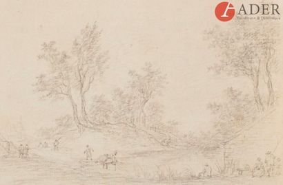 null Attribué à Aignan-Thomas DESFRICHE 
(1715 - 1800)
Deux paysages animés
Crayon...