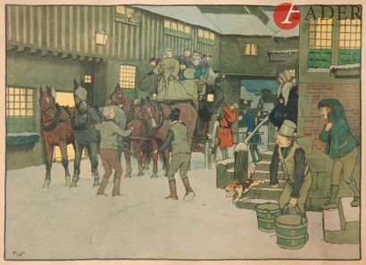 null Cecil Aldin (1870 - 1935)
Arrêtés par la neige ; Un soir de Noël
Deux lithographies.
36,5...