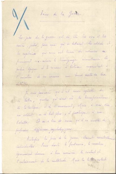 null "Jules ROMAINS (1885-1972) Manuscrit autographe signé, Joies de la guerre, [octobre...