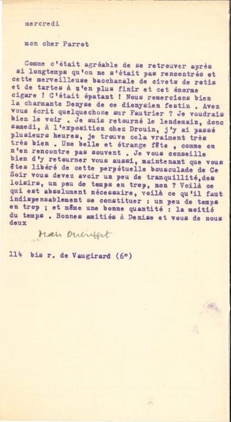 null "Jean DUBUFFET (1901-1985) LS, Paris mercredi [octobre-novembre 1945], à Louis...