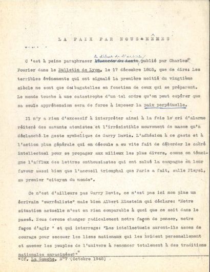 null André BRETON (1896-1966). Tapuscrit avec corrections autographes, La Paix par...