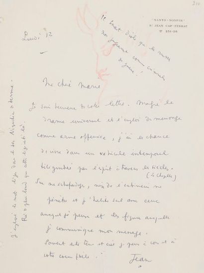 null Jean COCTEAU. L.A.S. « Jean » avec dessin, Santo-Sospir Lundi 12, à Mary Hoeck ;...