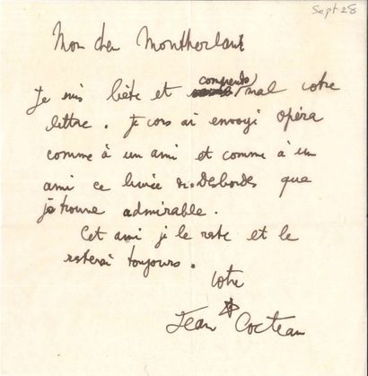 null "Jean COCTEAU. LAS et PAS, [1928-1955], à Henry de Montherlant ; 1 page in-8...