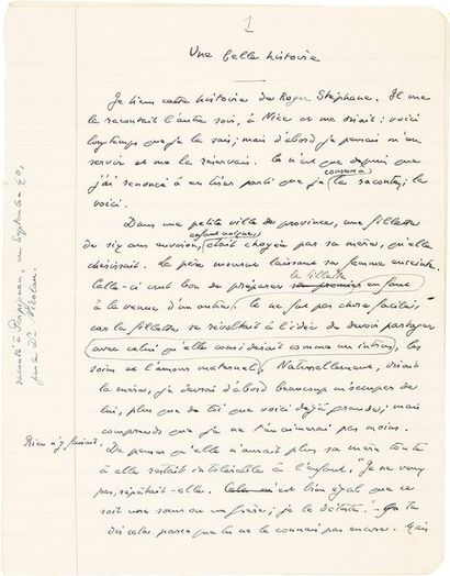 null André GIDE. Manuscrit autographe, Une belle histoire ; 4 pages et demie in-4...