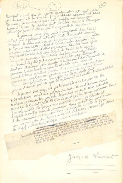 null Jacques LAURENT (1919-2000). Manuscrit en partie autographe, Plat du jour, [juillet...