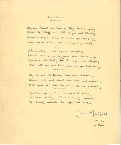 null "John MANIFOLD (1915-1985) poète et musicologue australien Poème autographe...