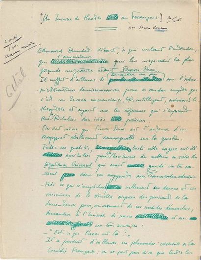 null Steve PASSEUR (1899-1966) auteur dramatique. 3 manuscrits autographes signés,...