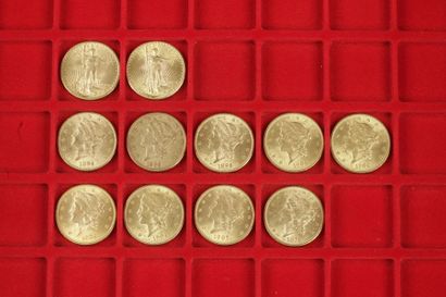 null Lot de 11 pièces de 20 Dollars en or, dans un sachet numéroté 2017019 : 
- 9...