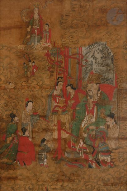 null CHINE - XIXe siècle
Ensemble de trois peintures, encre et couleurs sur soie,...