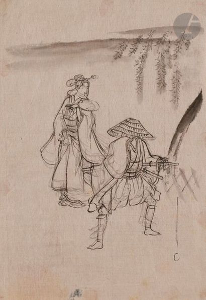 null École japonaise - XIXe siècle
Samouraï et jeune femme ; jeune femme avec une...