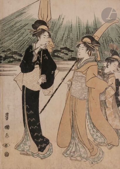 null Toyokuni I (1769 - 1825)
Oban yoko-e, pentaptyque, bijin et samouraï
(Usures,...