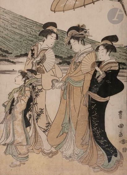 null Toyokuni I (1769 - 1825)
Oban yoko-e, pentaptyque, bijin et samouraï
(Usures,...