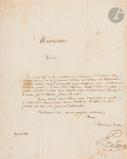  [NÉORAMA] ALAUX (Jean-Pierre). L.A.S., 14 mai 1830, au directeur de la Revue Encyclopédique,...