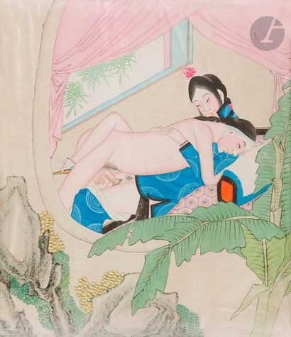 [SHUNGA].
Album de 6 peintures sur soie.
Chine,...