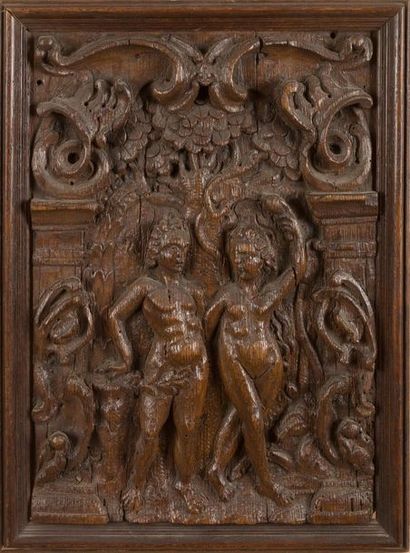 null Panneau en chêne sculpté en bas-relief représentant Adam et Eve au jardin d'Eden,...
