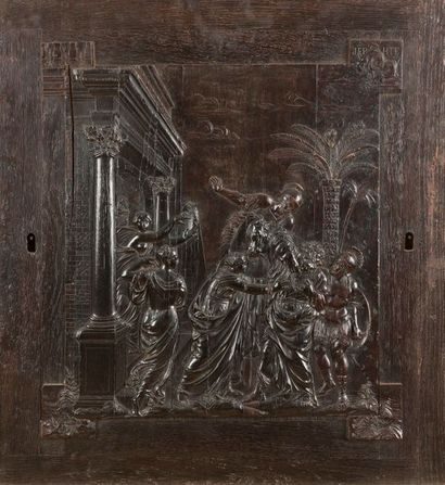 null Panneau en ébène sculpté représentant une scène de l'histoire de Jepht ; inscrit...